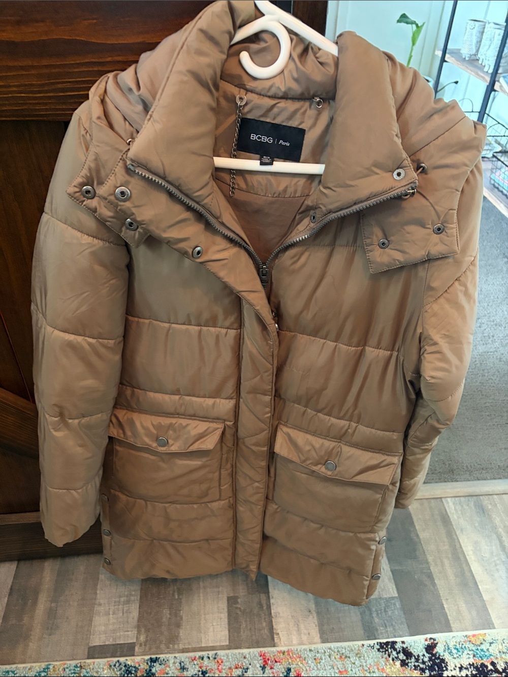 BCBG Paris Tan Quilted Hooded Puffer Coat
